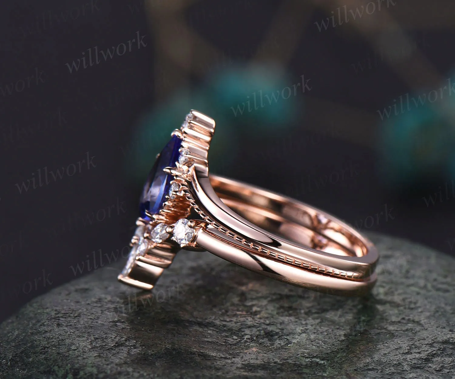 Pear shaped Tanzanite ring solid 14k rose gold unique Tanzanite engagement ring diamond ring vintage moissanite bridal set sold by Willwork Jewelry product image thumbnail 4