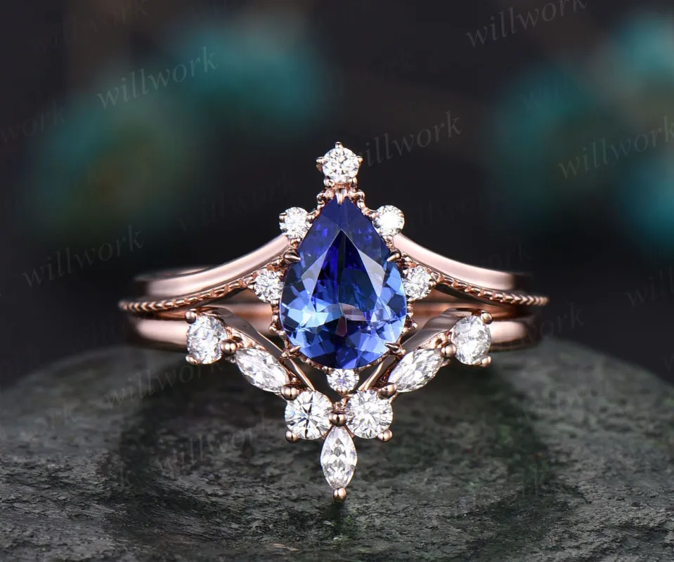 Pear shaped Tanzanite ring solid 14k rose gold unique Tanzanite engagement ring diamond ring vintage moissanite bridal set sold by Willwork Jewelry