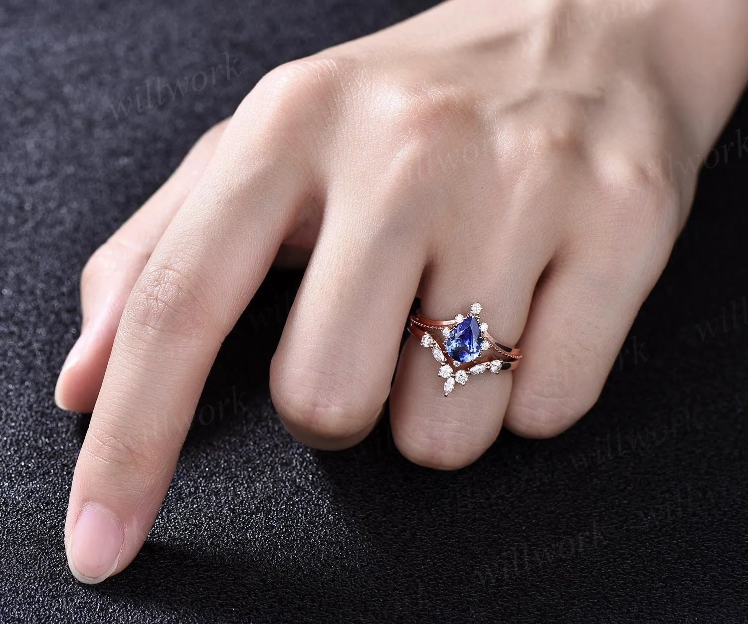 Pear shaped Tanzanite ring solid 14k rose gold unique Tanzanite engagement ring diamond ring vintage moissanite bridal set sold by Willwork Jewelry product image thumbnail 2