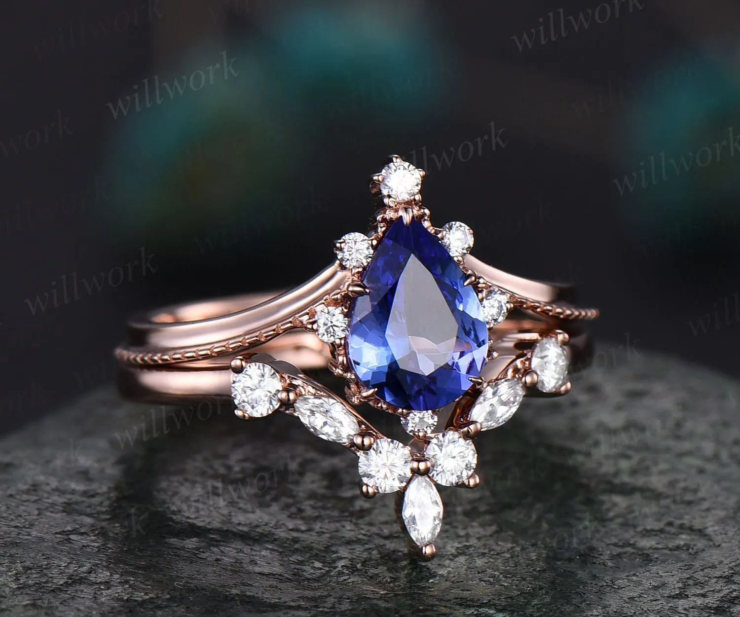 Pear shaped Tanzanite ring solid 14k rose gold unique Tanzanite engagement ring diamond ring vintage moissanite bridal set sold by Willwork Jewelry product image thumbnail 3