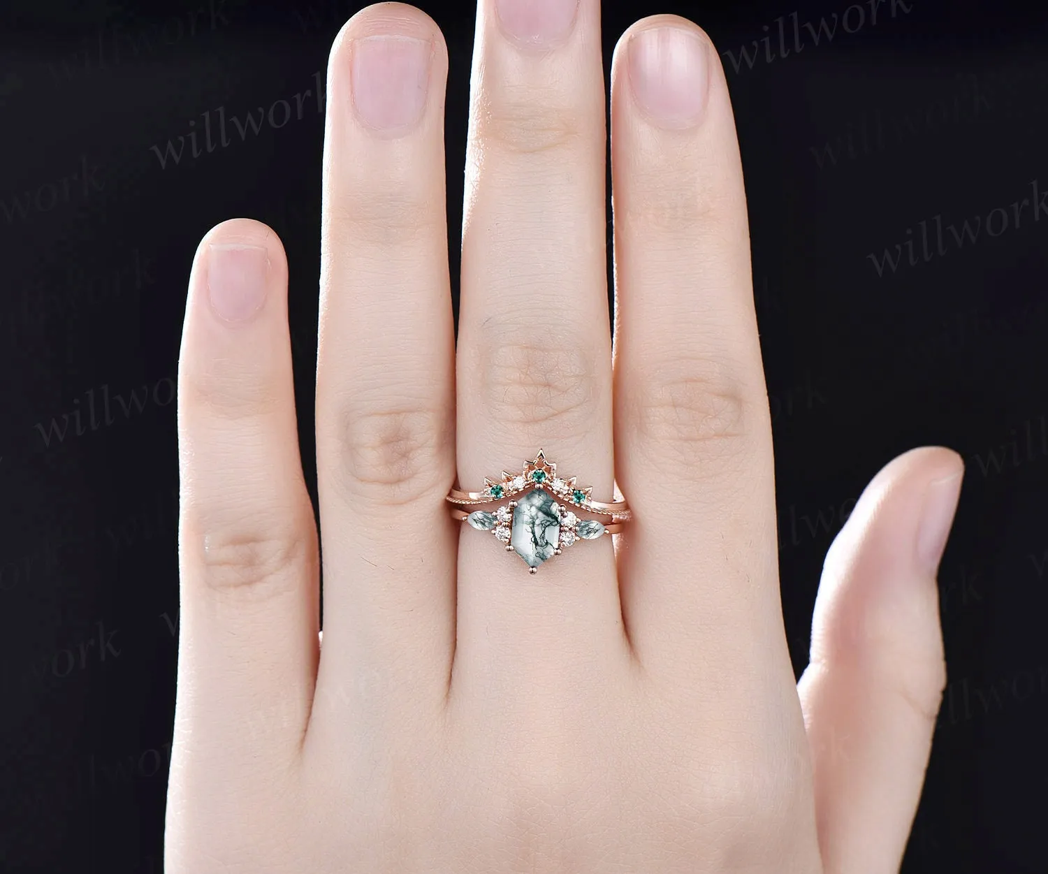 Vintage hexagon cut green moss agate engagement ring set 14k rose gold art deco diamond ring women emerald unique bridal wedding ring set sold by Willwork Jewelry product image thumbnail 2