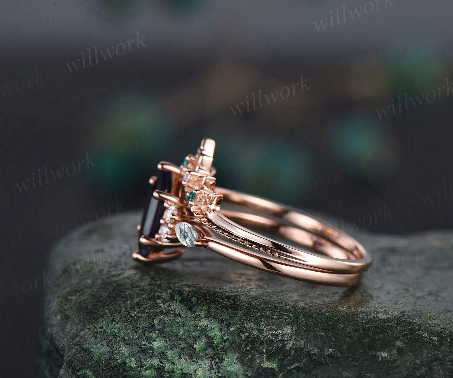 Vintage hexagon cut green moss agate engagement ring set 14k rose gold art deco diamond ring women emerald unique bridal wedding ring set sold by Willwork Jewelry product image thumbnail 4