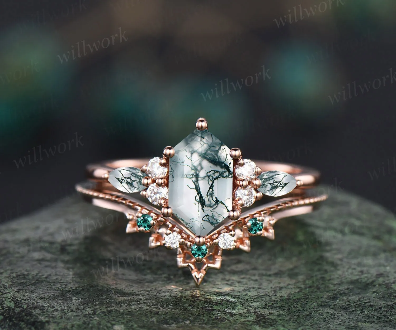 Vintage hexagon cut green moss agate engagement ring set 14k rose gold art deco diamond ring women emerald unique bridal wedding ring set sold by Willwork Jewelry