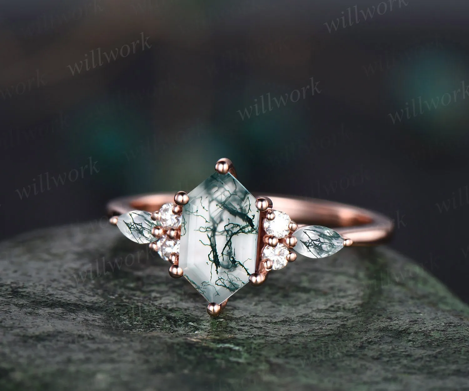 Vintage hexagon cut green moss agate engagement ring set 14k rose gold art deco diamond ring women emerald unique bridal wedding ring set sold by Willwork Jewelry product image thumbnail 5
