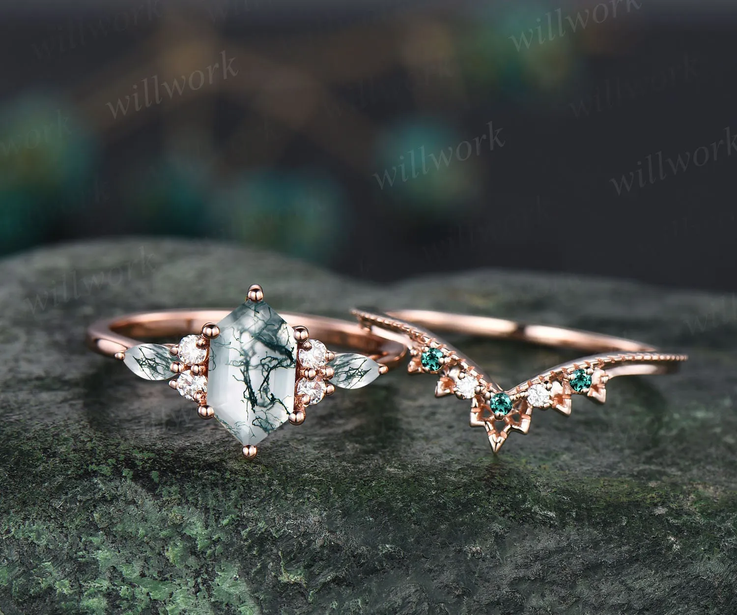 Vintage hexagon cut green moss agate engagement ring set 14k rose gold art deco diamond ring women emerald unique bridal wedding ring set sold by Willwork Jewelry product image thumbnail 3