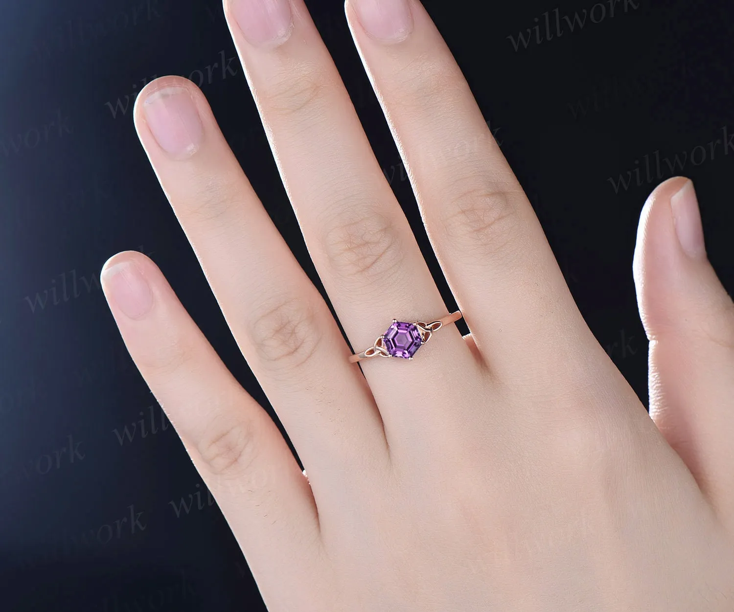 Unique hexagon cut purple Amethyst engagement ring set 14k rose gold solitaire Norse Viking ring Jewelry vintage wedding ring set for women sold by Willwork Jewelry product image thumbnail 5