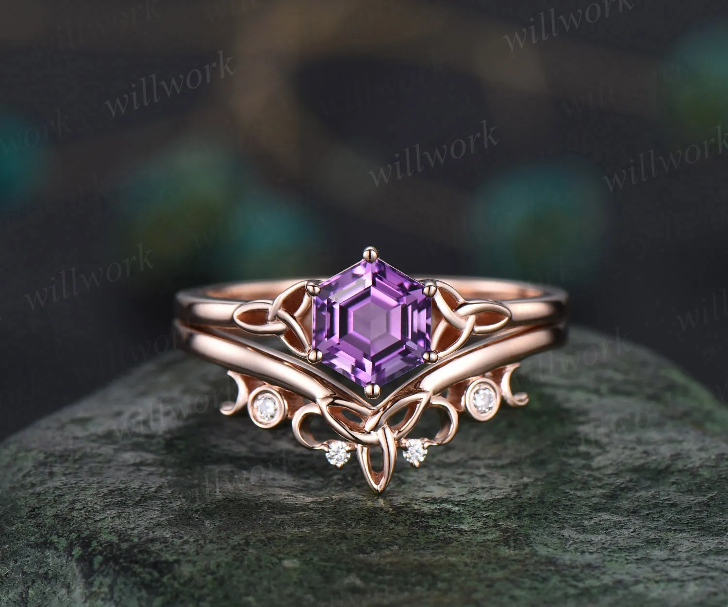 Unique hexagon cut purple Amethyst engagement ring set 14k rose gold solitaire Norse Viking ring Jewelry vintage wedding ring set for women sold by Willwork Jewelry product image thumbnail 3