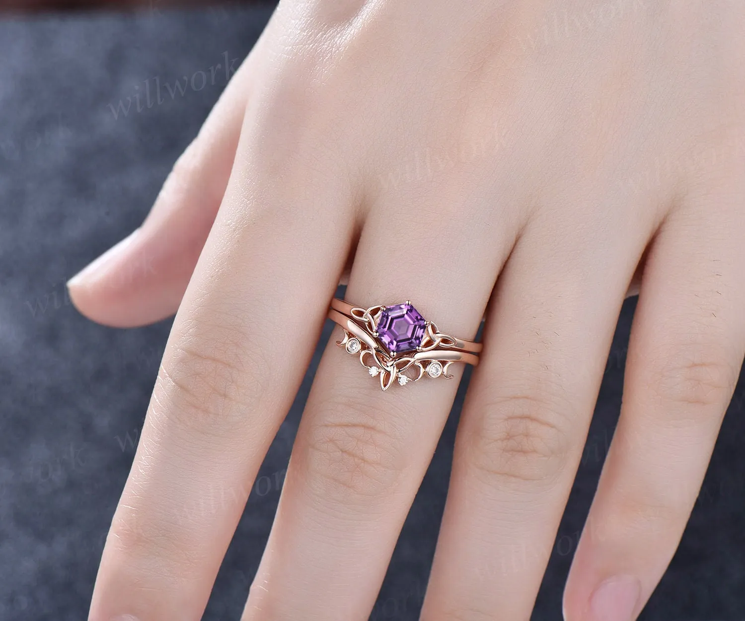 Unique hexagon cut purple Amethyst engagement ring set 14k rose gold solitaire Norse Viking ring Jewelry vintage wedding ring set for women sold by Willwork Jewelry product image thumbnail 2