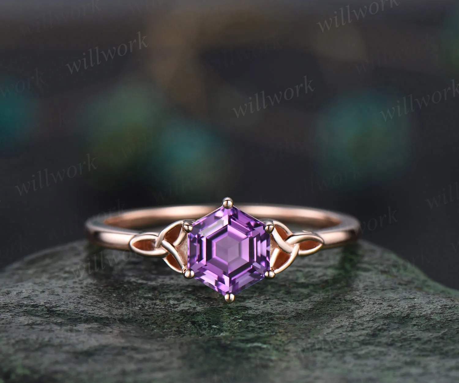 Unique hexagon cut purple Amethyst engagement ring set 14k rose gold solitaire Norse Viking ring Jewelry vintage wedding ring set for women sold by Willwork Jewelry product image thumbnail 4