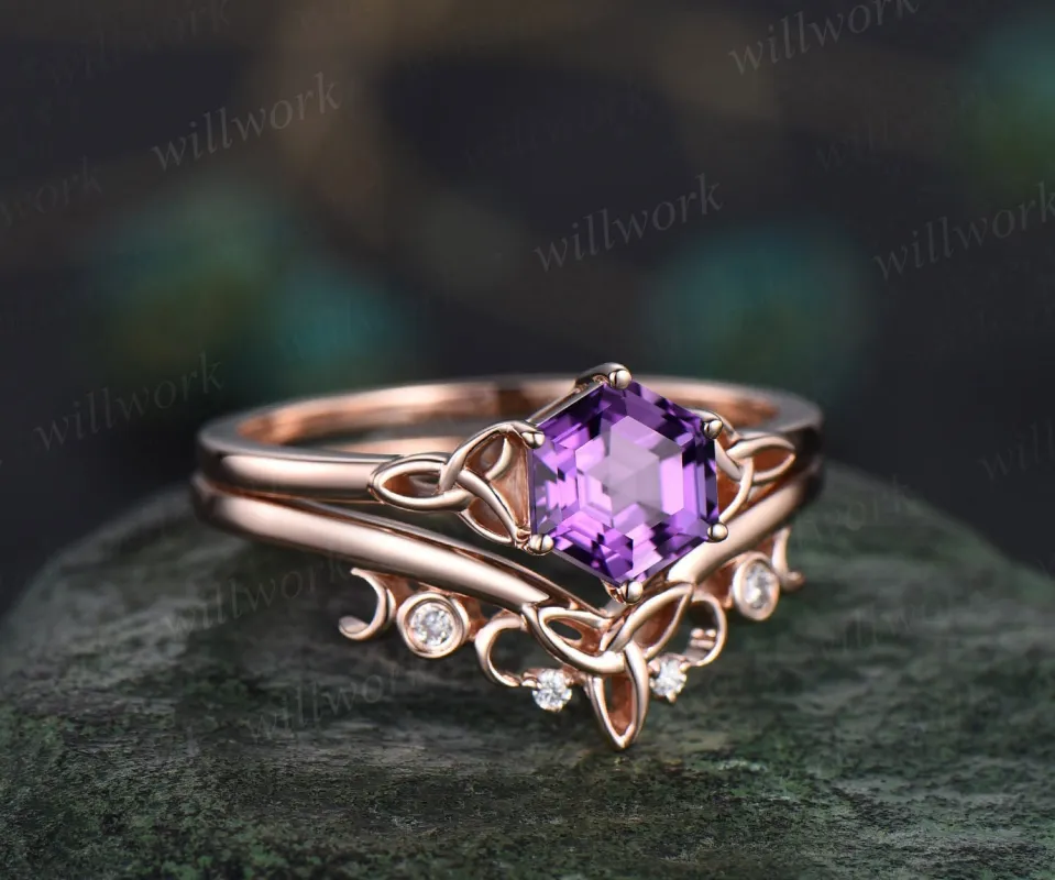 Unique hexagon cut purple Amethyst engagement ring set 14k rose gold solitaire Norse Viking ring Jewelry vintage wedding ring set for women sold by Willwork Jewelry