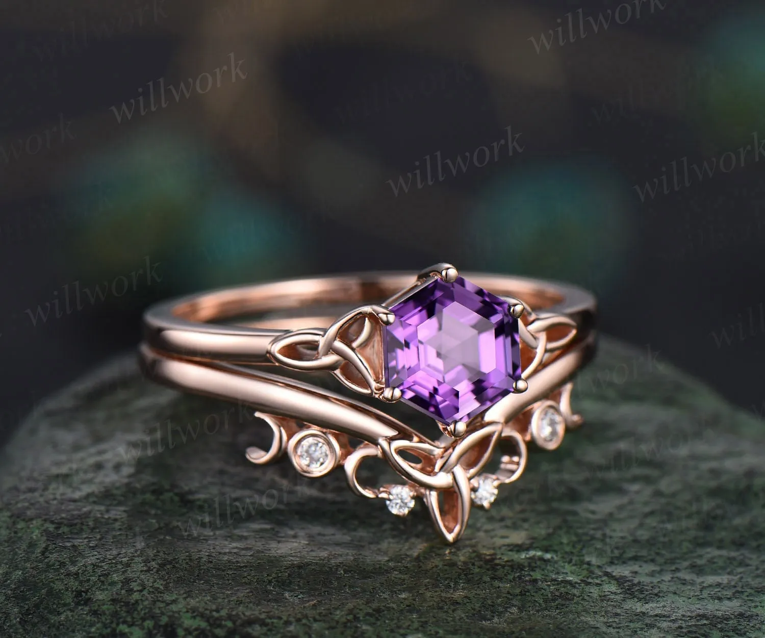 Unique hexagon cut purple Amethyst engagement ring set 14k rose gold solitaire Norse Viking ring Jewelry vintage wedding ring set for women sold by Willwork Jewelry