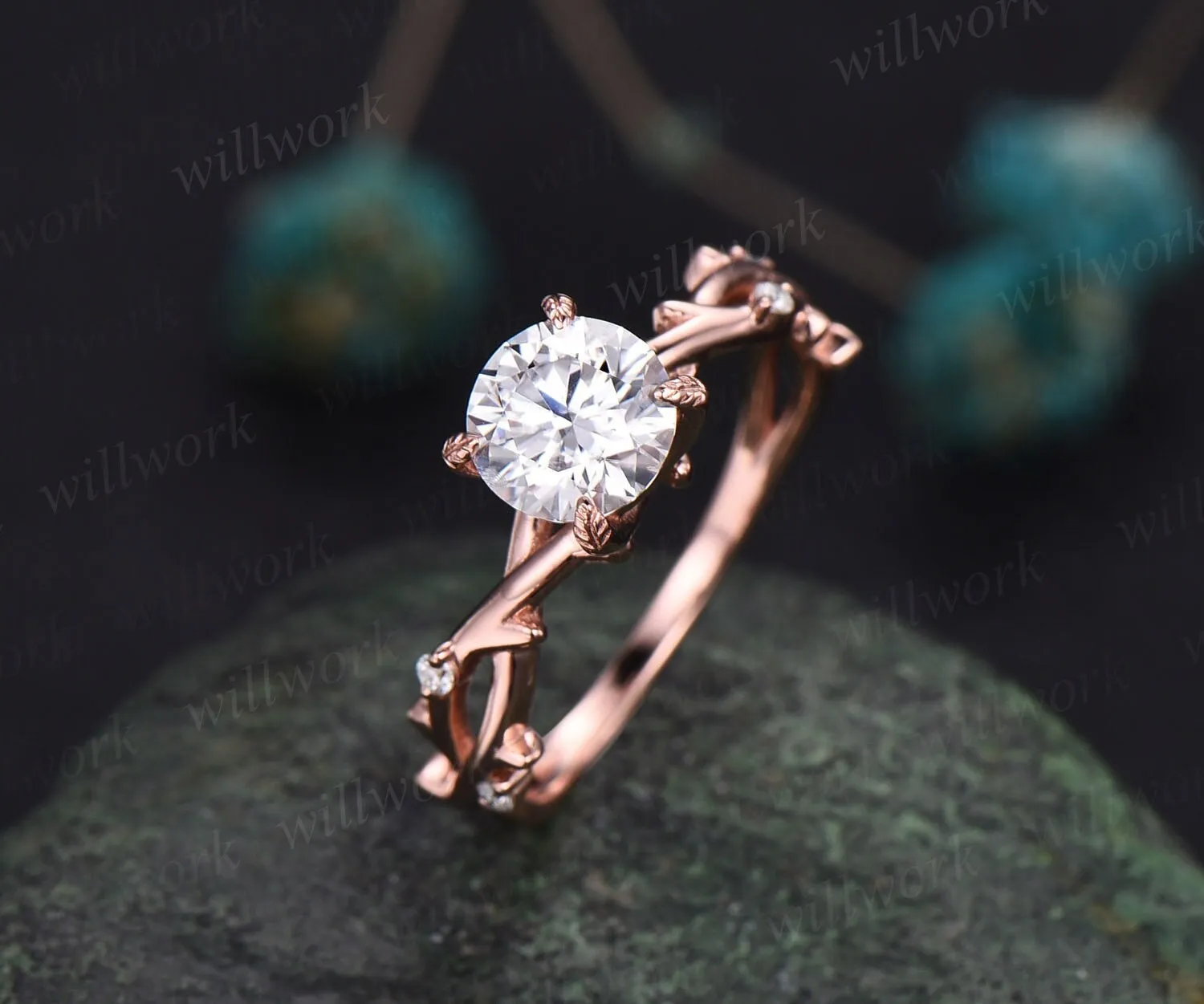 1ct twig round cut moissanite engagement ring 14k rose gold five stone leaf branches diamond ring women unique anniversary ring gift for her sold by Willwork Jewelry