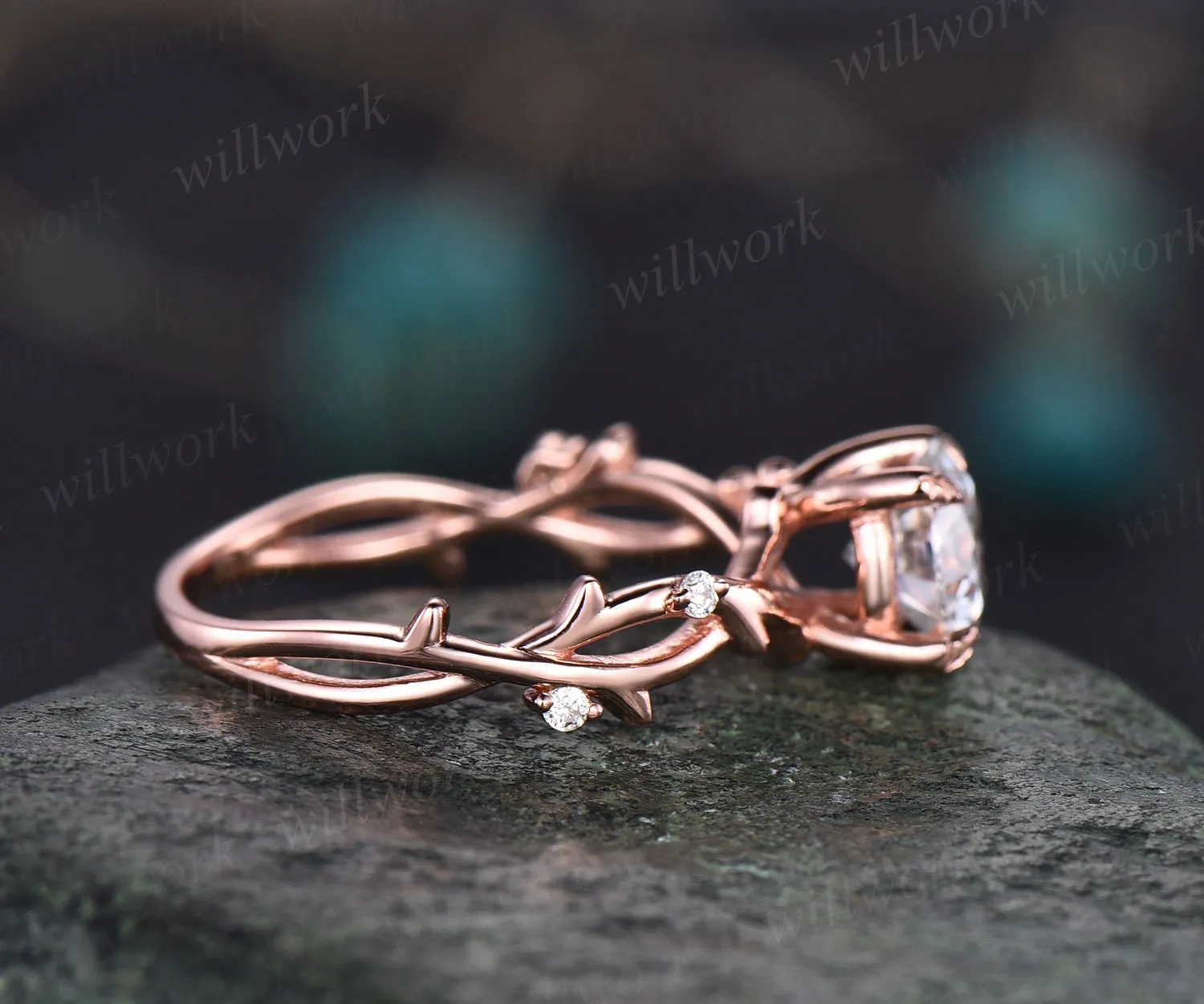 1ct twig round cut moissanite engagement ring 14k rose gold five stone leaf branches diamond ring women unique anniversary ring gift for her sold by Willwork Jewelry product image thumbnail 5