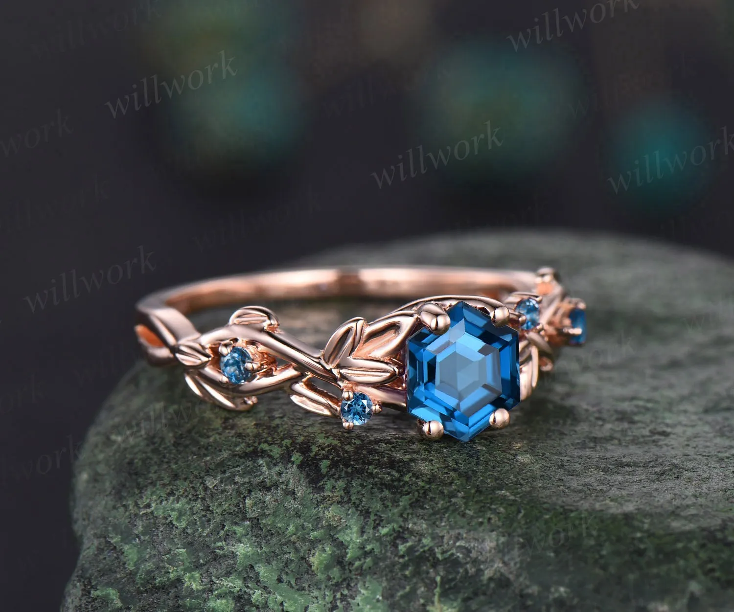 Twig hexagon cut London blue topaz engagement ring 14k rose gold leaf topaz ring December birthstone ring anniversary ring for women gift sold by Willwork Jewelry product image thumbnail 3
