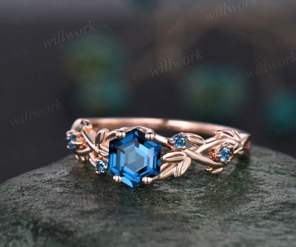 Twig hexagon cut London blue topaz engagement ring 14k rose gold leaf topaz ring December birthstone ring anniversary ring for women gift made by Willwork Jewelry