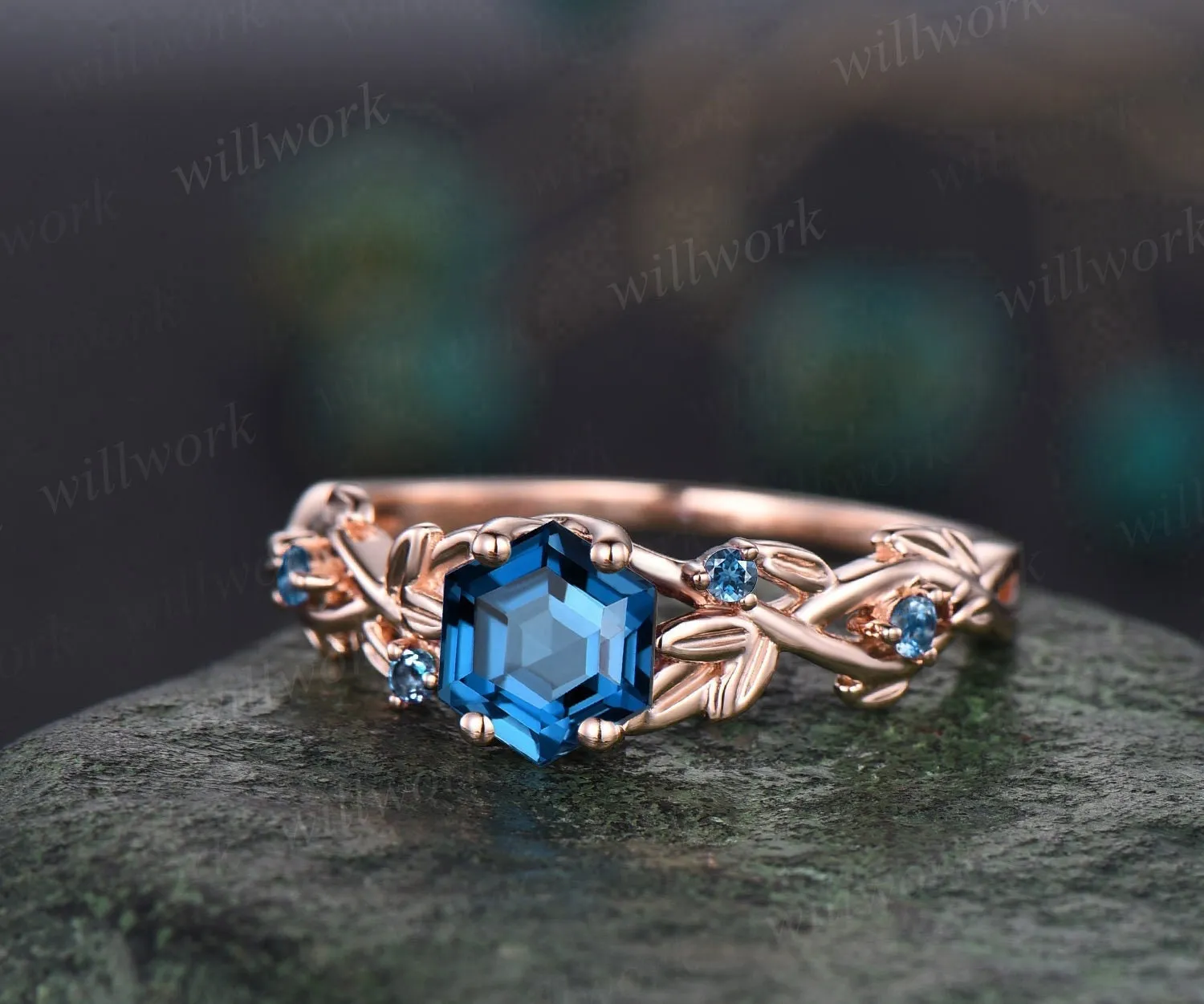 Twig hexagon cut London blue topaz engagement ring 14k rose gold leaf topaz ring December birthstone ring anniversary ring for women gift sold by Willwork Jewelry