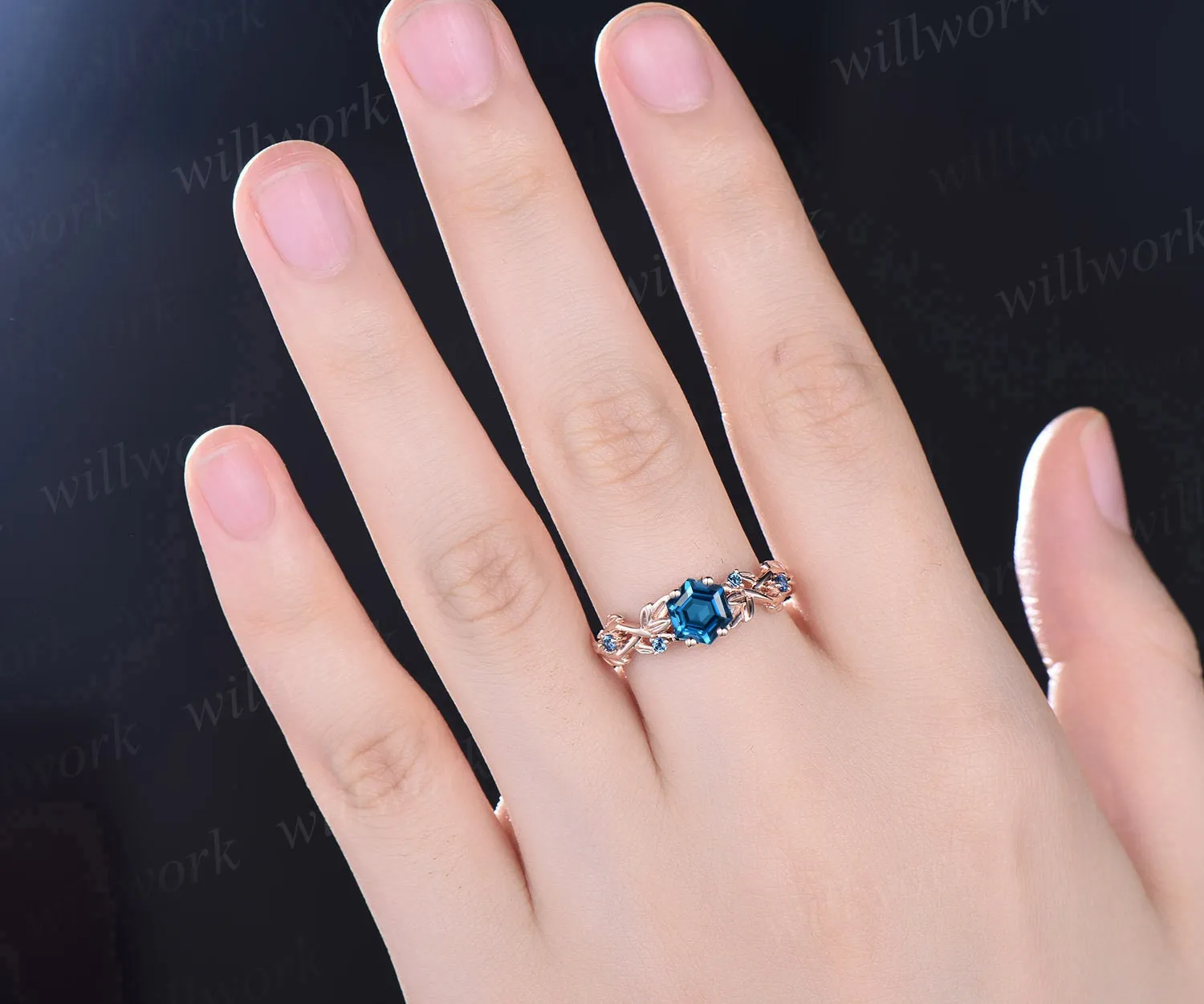 Twig hexagon cut London blue topaz engagement ring 14k rose gold leaf topaz ring December birthstone ring anniversary ring for women gift sold by Willwork Jewelry product image thumbnail 2