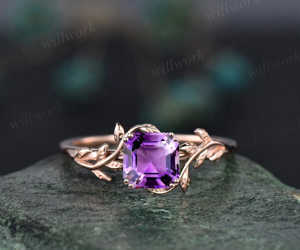 Twig Asscher cut purple Amethyst engagement ring 14k rose gold leaf branch Nature inspired solitaire promise wedding anniversary ring women made by Willwork Jewelry
