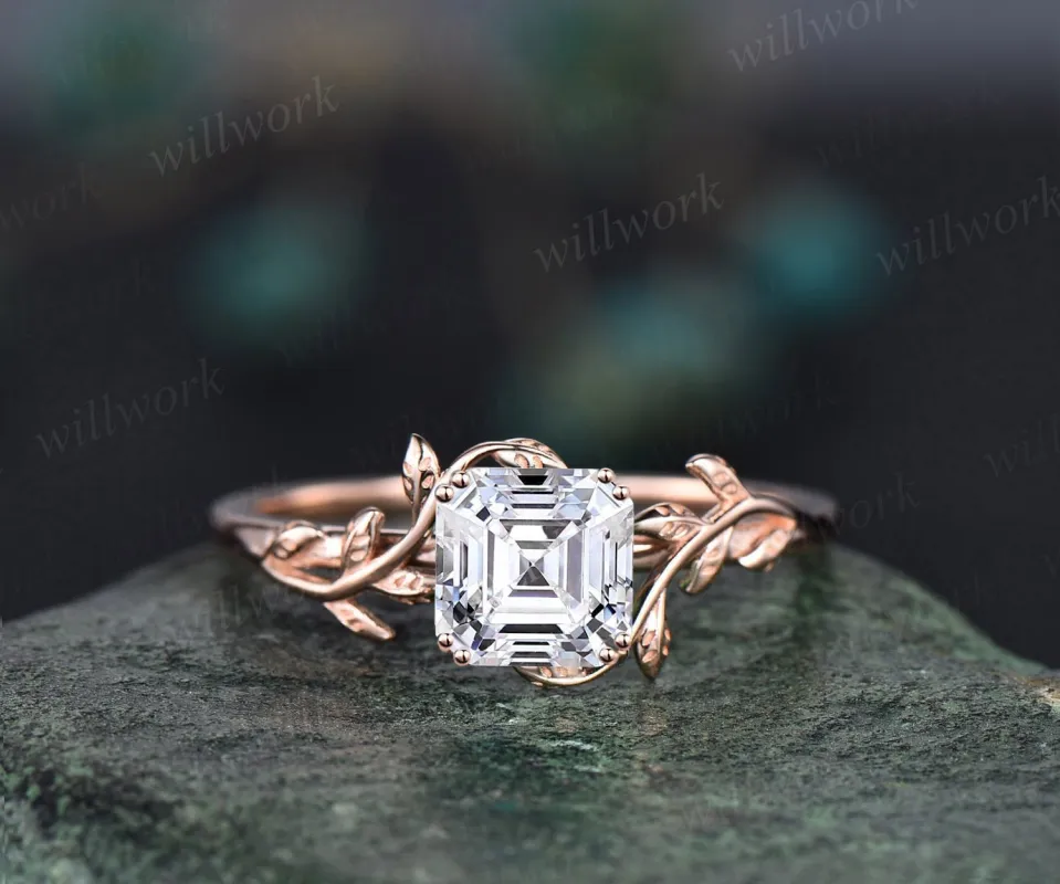 Twig Asscher cut Moissanite engagement ring solid 14k rose gold leaf branch Nature inspired solitaire wedding anniversary ring women gift made by Willwork Jewelry