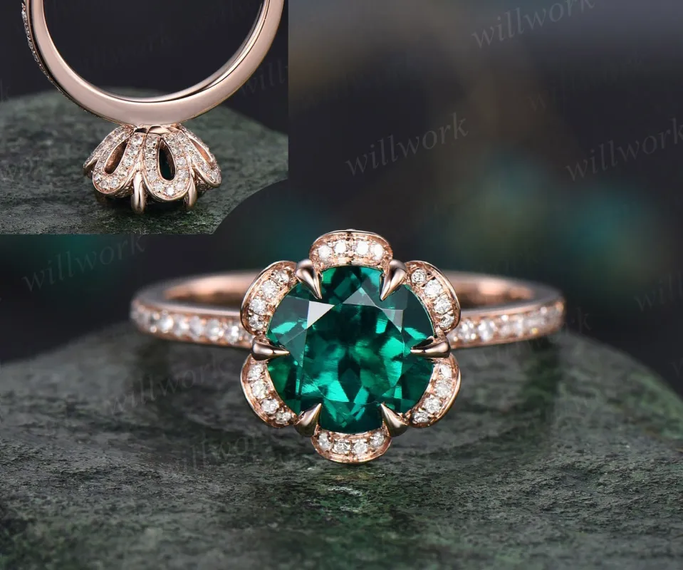2ct round cut emerald ring rose gold vintage unique engagement ring flower half eternity under halo diamond promise wedding ring for women made by Willwork Jewelry