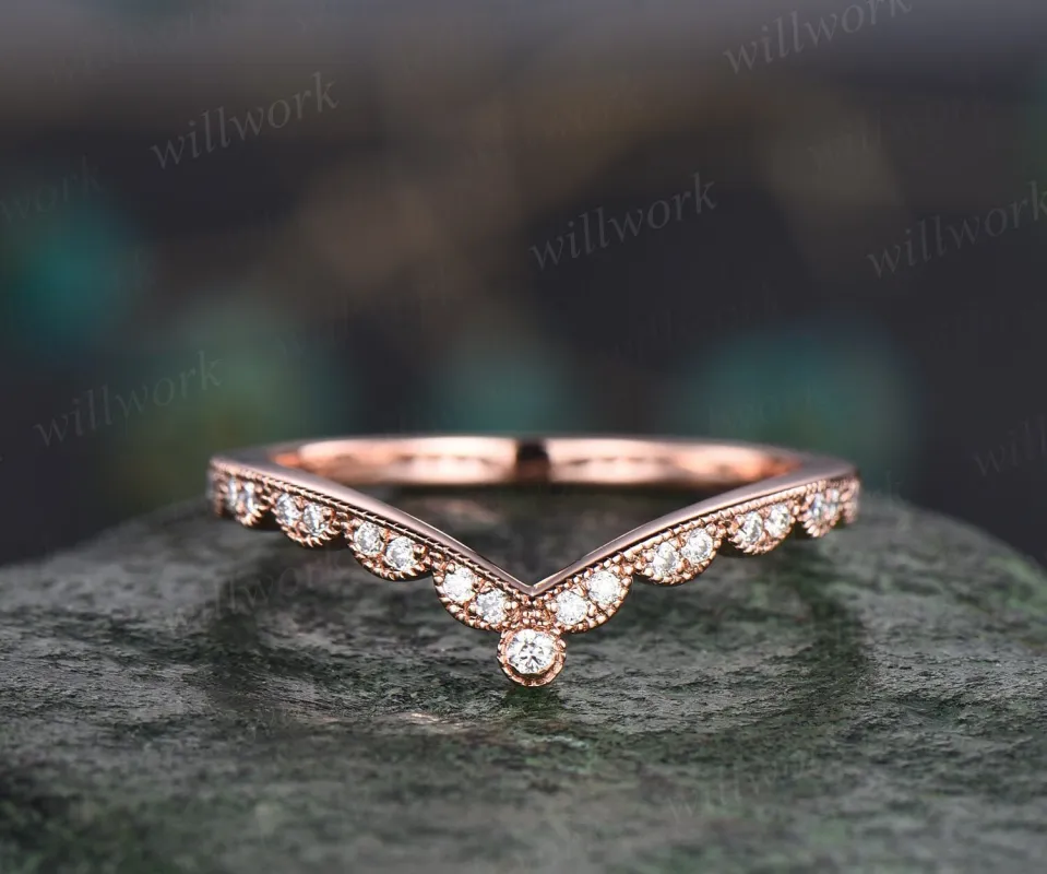 Milgrain diamond wedding band 14k rose gold vintage unique half eternity curved V shaped moissanite wedding ring band anniversary ring gift sold by Willwork Jewelry