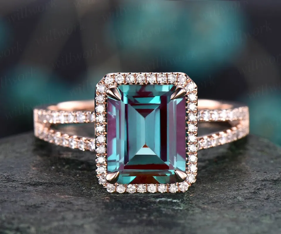 Vintage emerald cut Alexandrite engagement ring 14k rose gold half eternity halo split shank diamond ring for women promise bridal ring gift sold by Willwork Jewelry