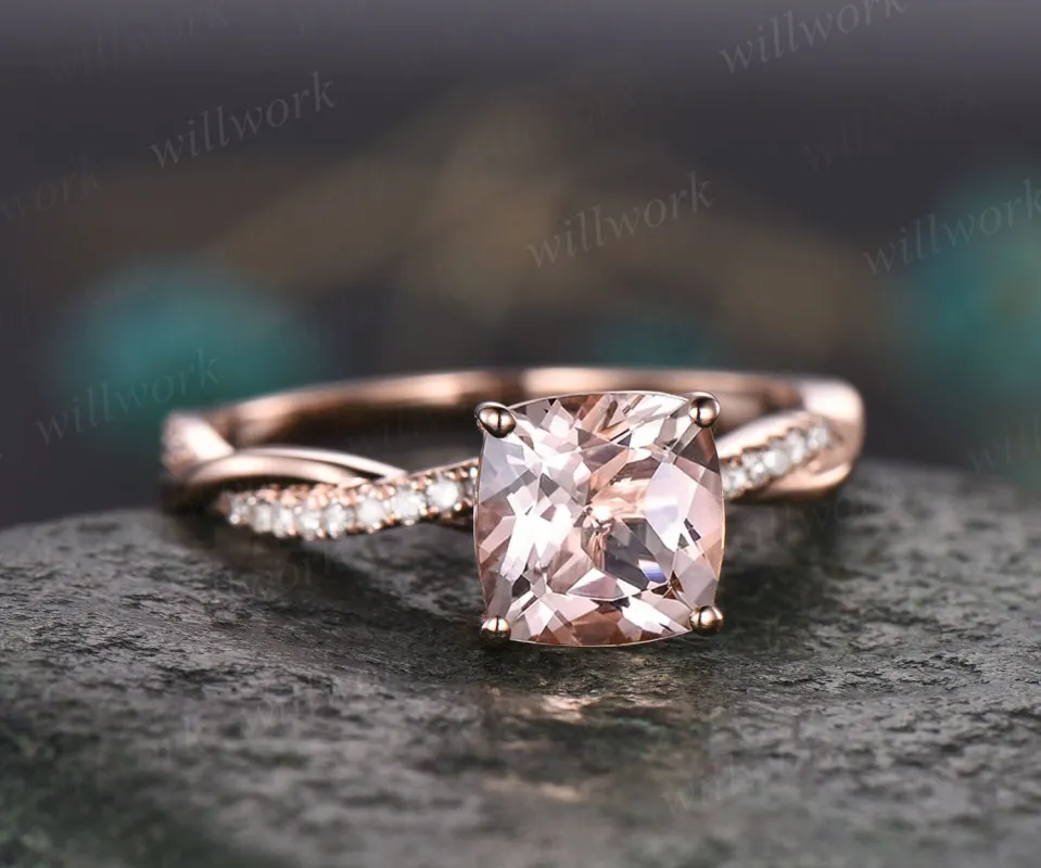 Unique cushion cut morganite engagement ring for women solid 14k rose gold eternity twisted diamond anniversary wedding ring fine jewelry made by Willwork Jewelry