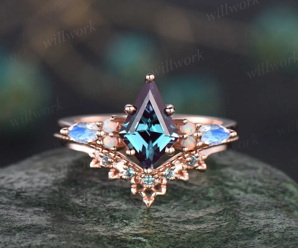 Vintage kite cut Alexandrite engagement ring set 14k rose gold marquise moonstone ring dainty opal ring unique bridal wedding ring set women sold by Willwork Jewelry