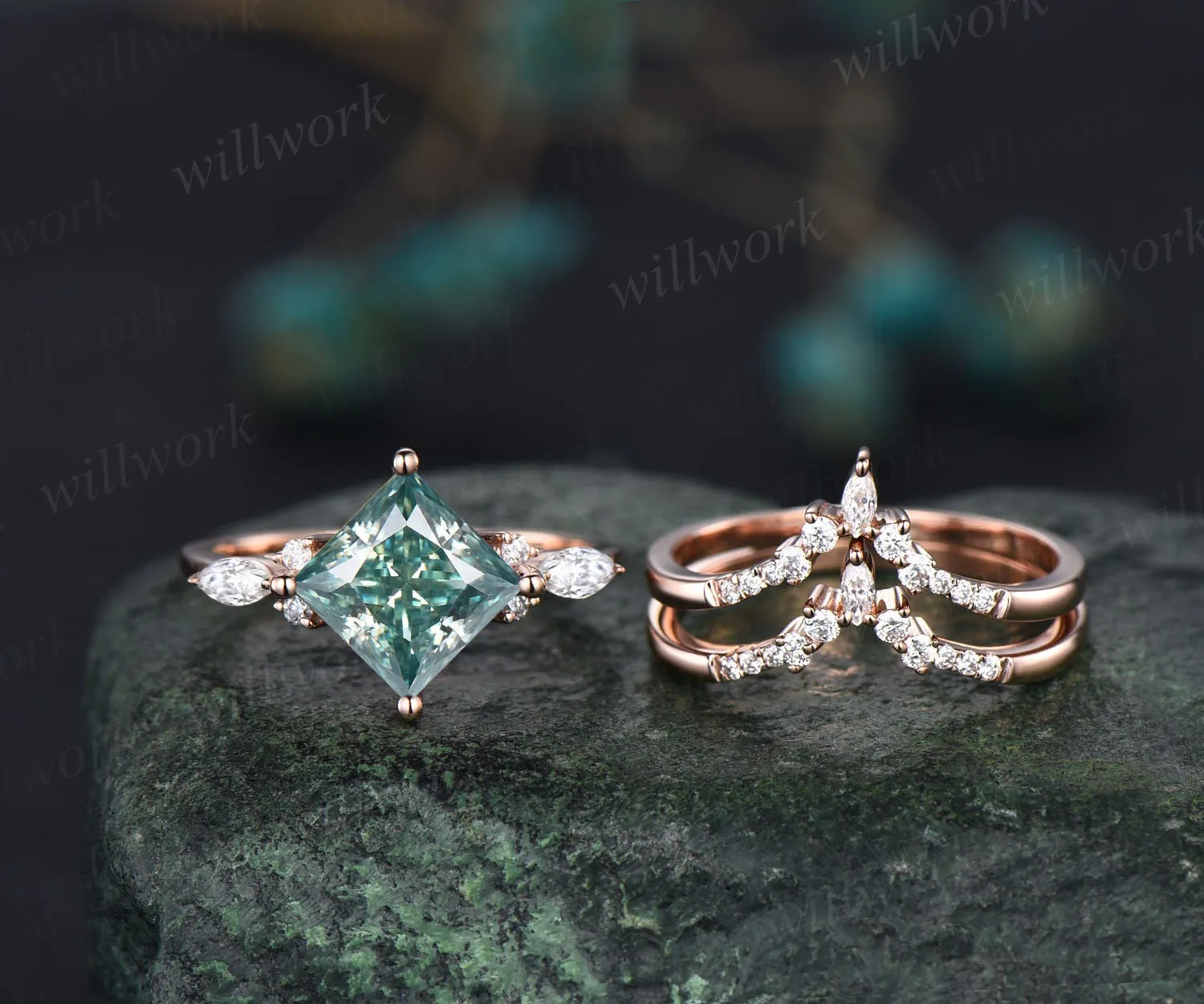 Princess cut green moissanite engagement ring set rose gold vintage unique engagement ring women marquise cut moissanite promise ring set sold by Willwork Jewelry product image thumbnail 3