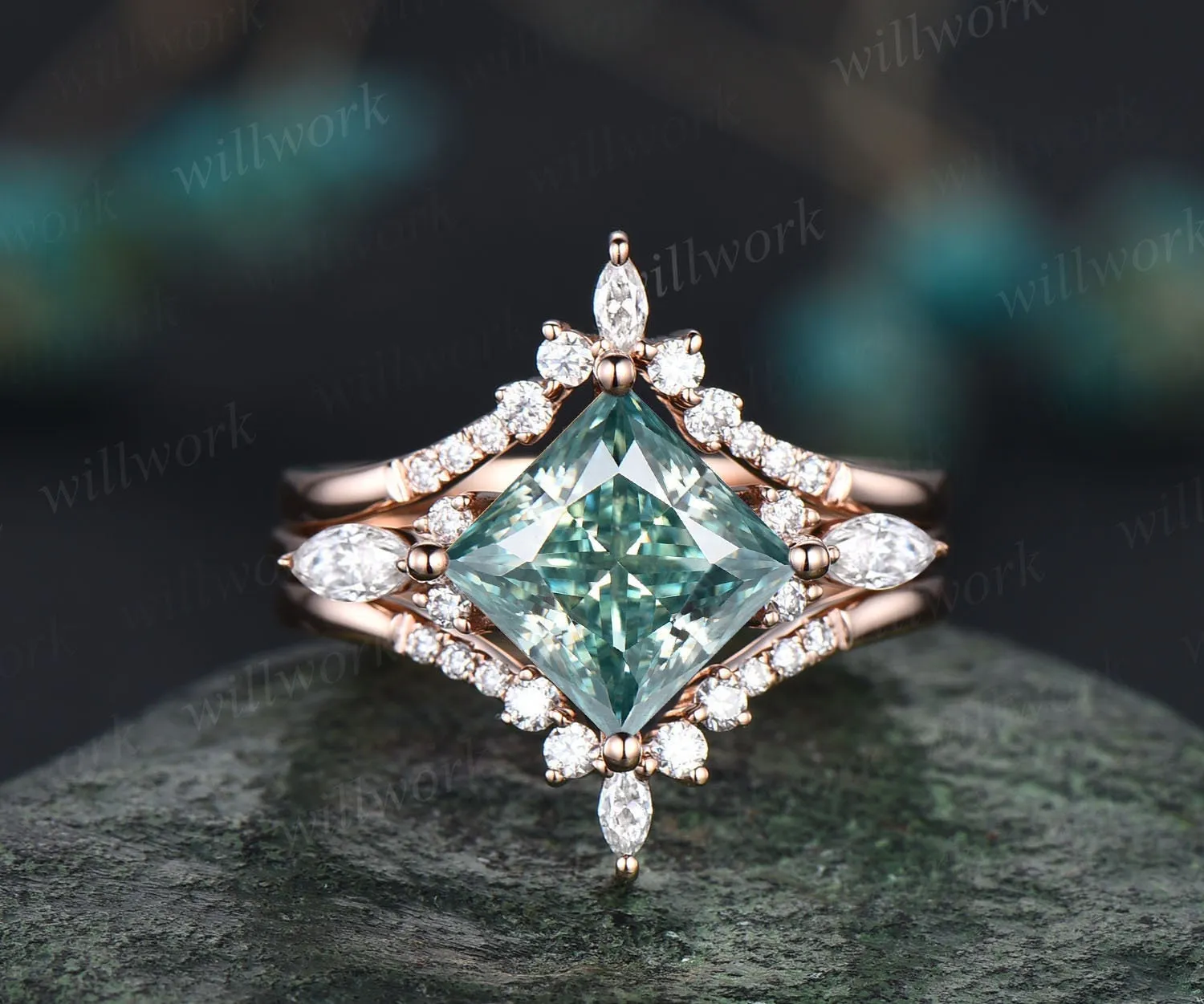 Princess cut green moissanite engagement ring set rose gold vintage unique engagement ring women marquise cut moissanite promise ring set sold by Willwork Jewelry