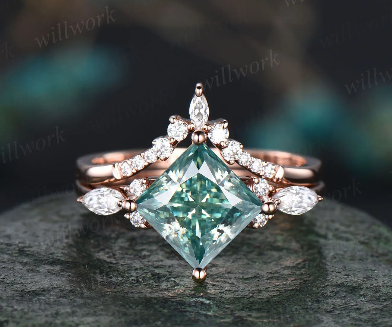 Princess cut green moissanite engagement ring set rose gold vintage unique engagement ring women marquise cut moissanite promise ring set sold by Willwork Jewelry product image thumbnail 5