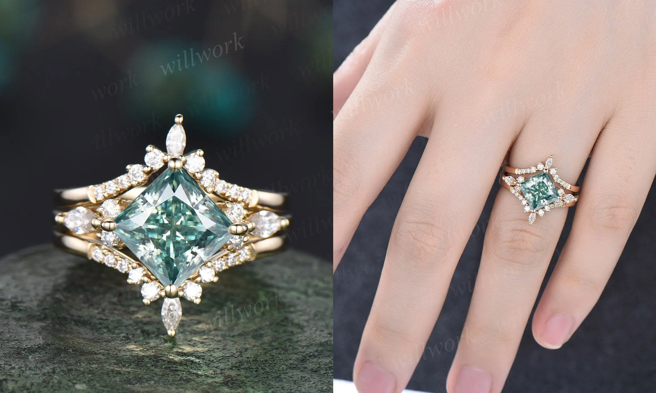 Princess cut green moissanite engagement ring set rose gold vintage unique engagement ring women marquise cut moissanite promise ring set sold by Willwork Jewelry product image thumbnail 4