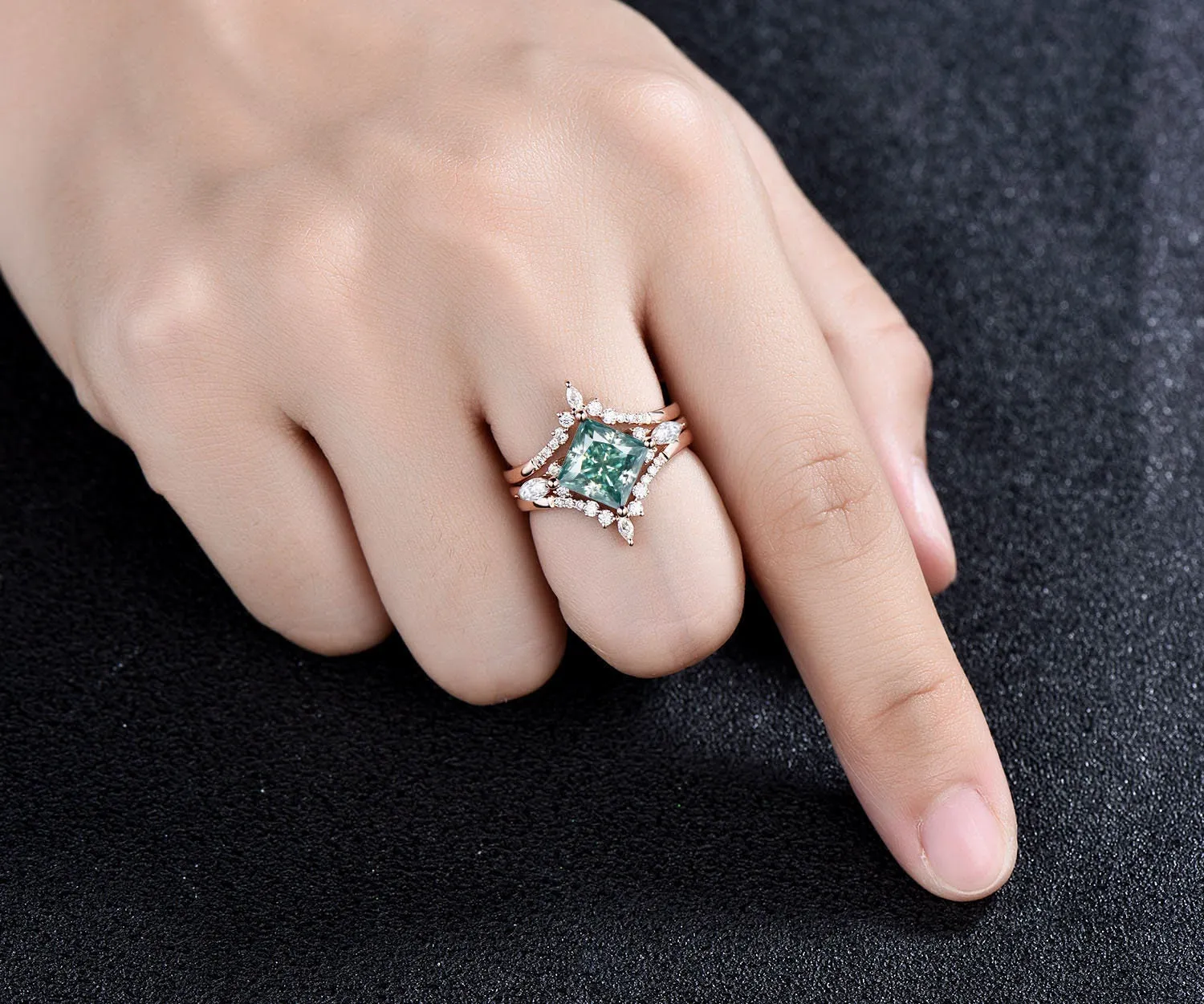 Princess cut green moissanite engagement ring set rose gold vintage unique engagement ring women marquise cut moissanite promise ring set sold by Willwork Jewelry product image thumbnail 2