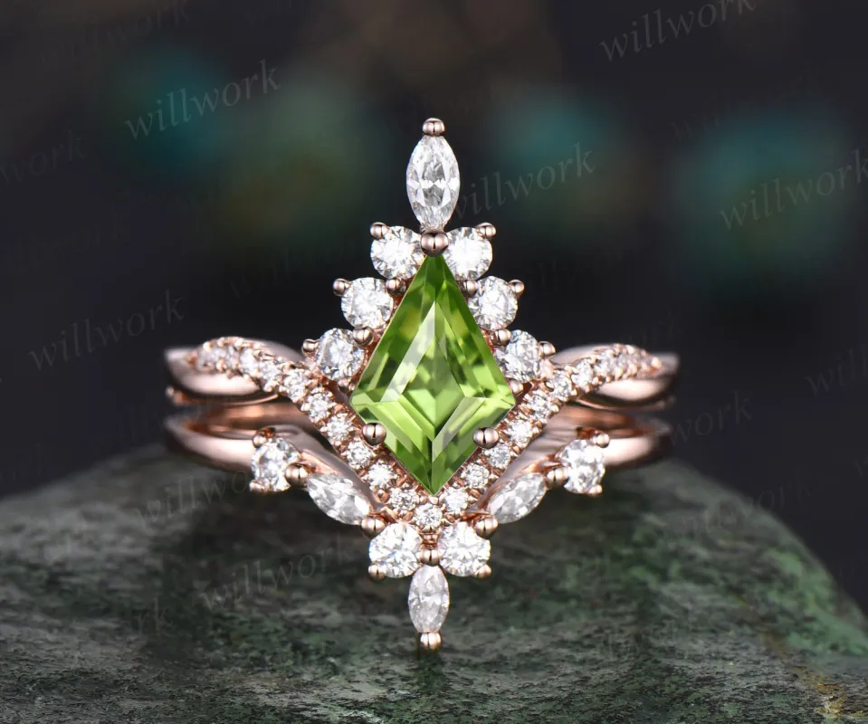 Vintage kite cut peridot ring gold halo unique engagement ring set art deco curved twisted diamond promise bridal wedding ring set women made by Willwork Jewelry