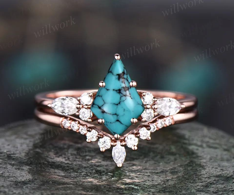 Vintage kite cut natural Turquoise engagement ring set 14k rose gold marquise cut diamond ring for women unique bridal wedding ring set gift sold by Willwork Jewelry