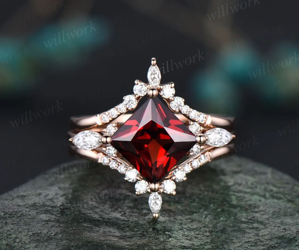 Princess cut garnet ring vintage red garnet engagement ring set rose gold marquise unique engagement ring for women moissanite promise ring sold by Willwork Jewelry