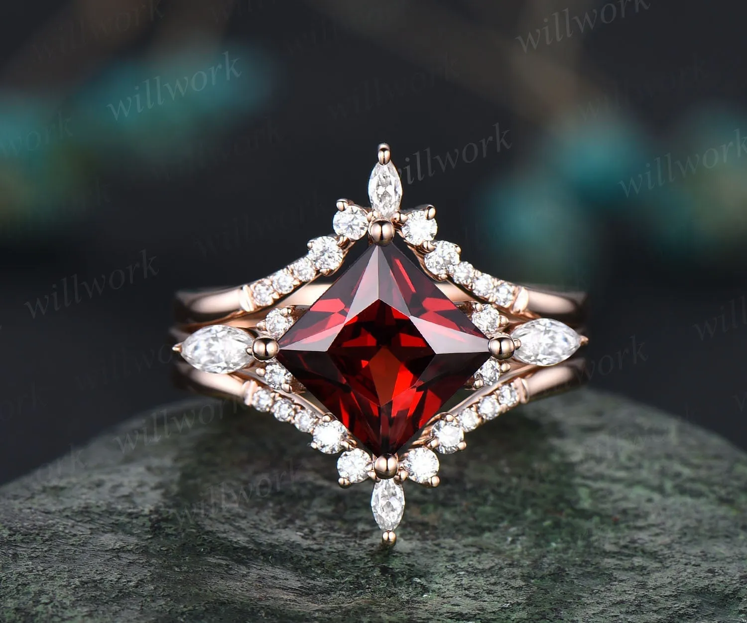 Princess cut garnet ring vintage red garnet engagement ring set rose gold marquise unique engagement ring for women moissanite promise ring sold by Willwork Jewelry