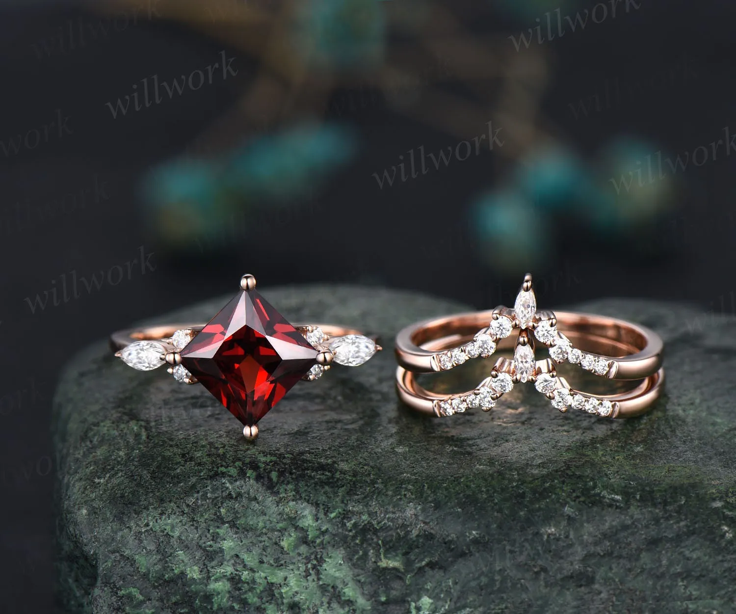 Princess cut garnet ring vintage red garnet engagement ring set rose gold marquise unique engagement ring for women moissanite promise ring sold by Willwork Jewelry product image thumbnail 3