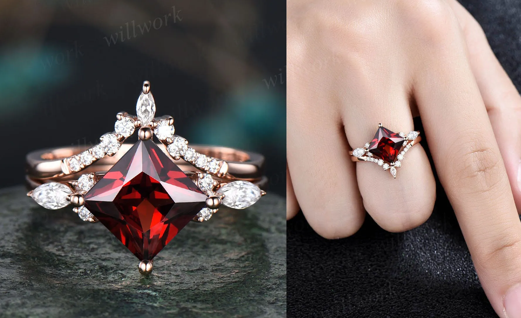 Princess cut garnet ring vintage red garnet engagement ring set rose gold marquise unique engagement ring for women moissanite promise ring sold by Willwork Jewelry product image thumbnail 5