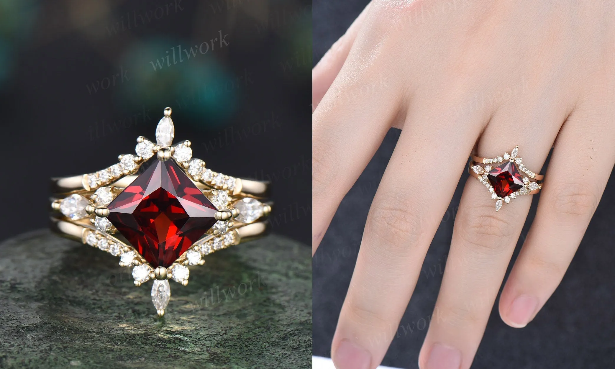 Princess cut garnet ring vintage red garnet engagement ring set rose gold marquise unique engagement ring for women moissanite promise ring sold by Willwork Jewelry product image thumbnail 4