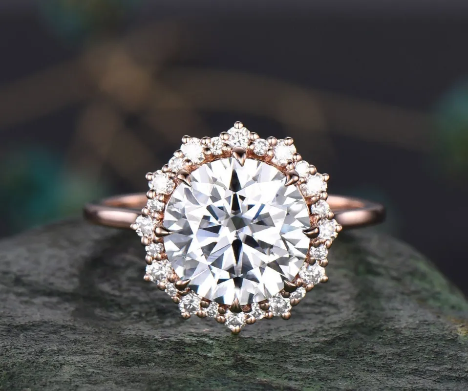 4ct round moissanite engagement ring solid 14k rose gold snowdrift halo diamond ring women promise anniversary wedding ring fine jewelry sold by Willwork Jewelry