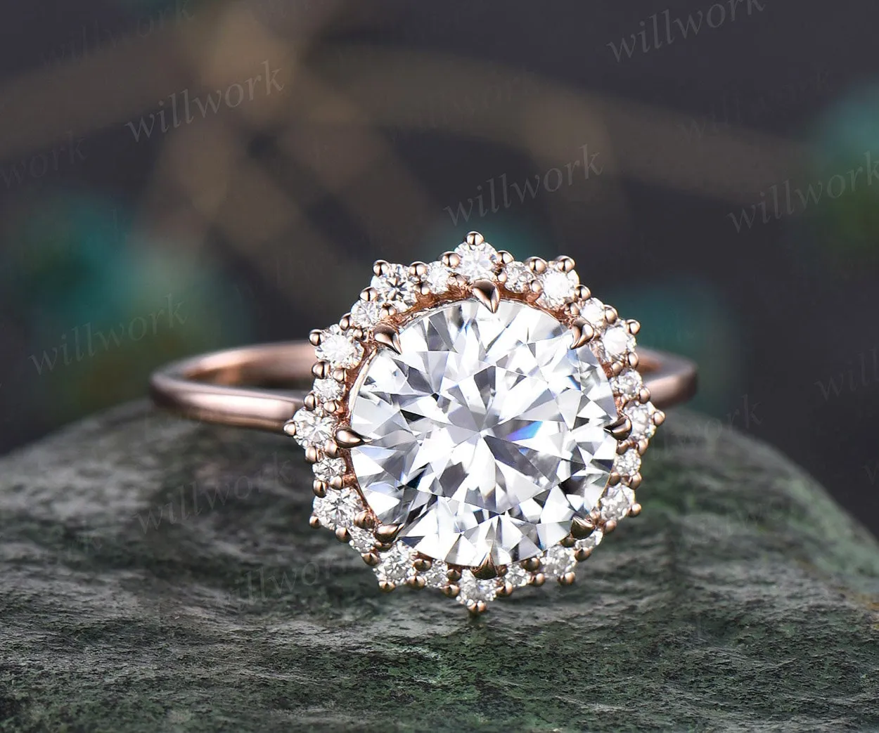 4ct round moissanite engagement ring solid 14k rose gold snowdrift halo diamond ring women promise anniversary wedding ring fine jewelry sold by Willwork Jewelry product image thumbnail 3