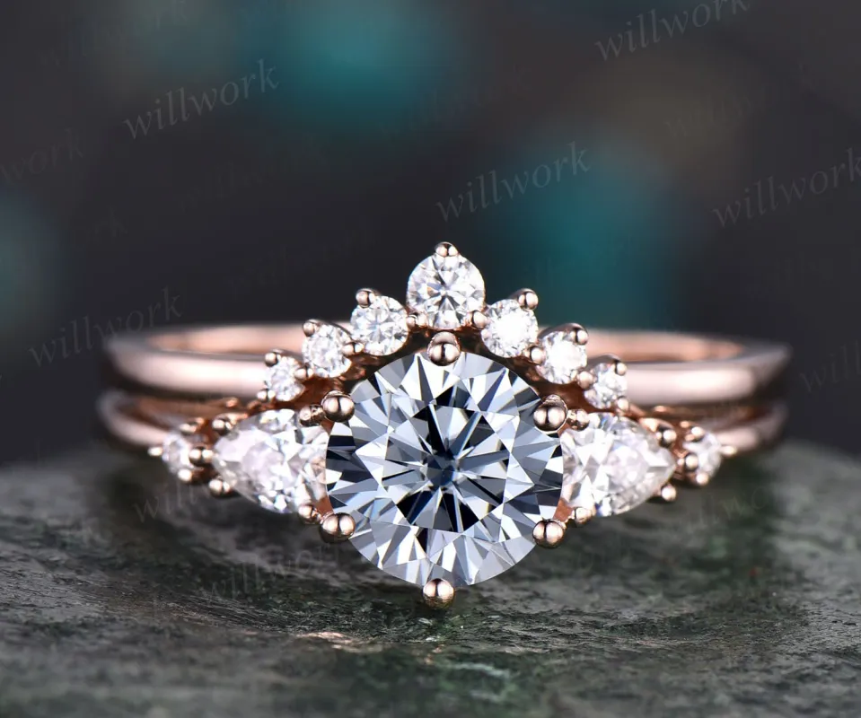 Round cut gray moissanite ring rose gold vintage unique engagement ring set five stone stacking promise bridal wedding ring set for women sold by Willwork Jewelry