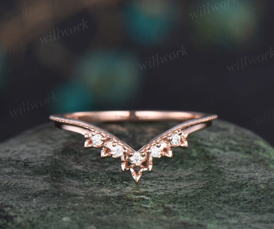 Vintage Milgrain diamond wedding band solid 14k rose gold five stone curved moissanite wedding ring band dainty anniversary ring women gift sold by Willwork Jewelry