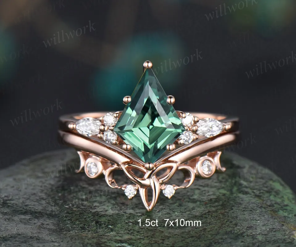 7x10mm kite cut green sapphire engagement ring set rose gold teal sapphire ring marquise moissanite ring unique wedding ring set for women sold by Willwork Jewelry