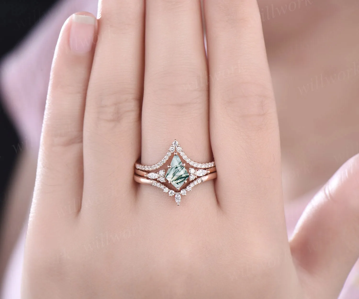 3pcs kite cut moss agate engagement ring set 14k rose gold art deco unique wedding bridal ring set moissanite ring for women fine jewelry sold by Willwork Jewelry product image thumbnail 2