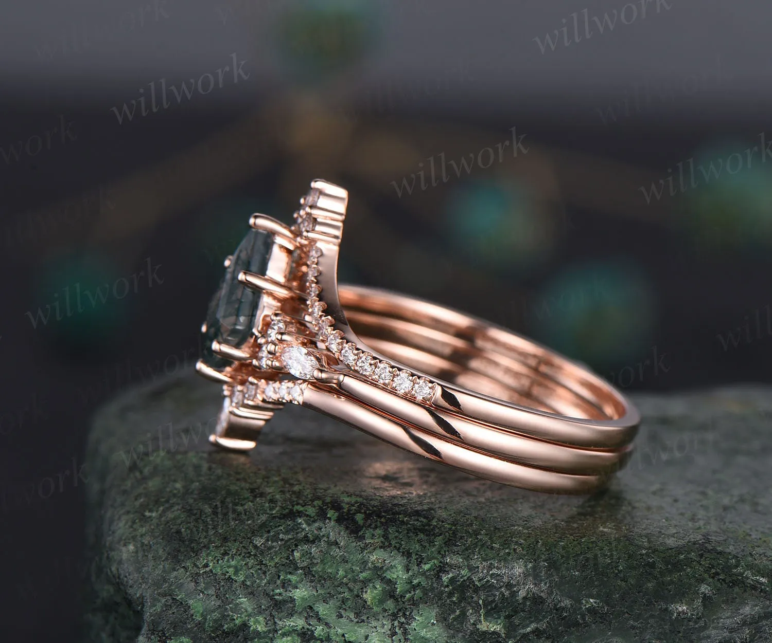 3pcs kite cut moss agate engagement ring set 14k rose gold art deco unique wedding bridal ring set moissanite ring for women fine jewelry sold by Willwork Jewelry product image thumbnail 4