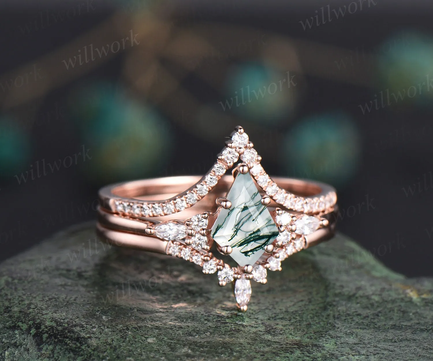 3pcs kite cut moss agate engagement ring set 14k rose gold art deco unique wedding bridal ring set moissanite ring for women fine jewelry sold by Willwork Jewelry product image thumbnail 3