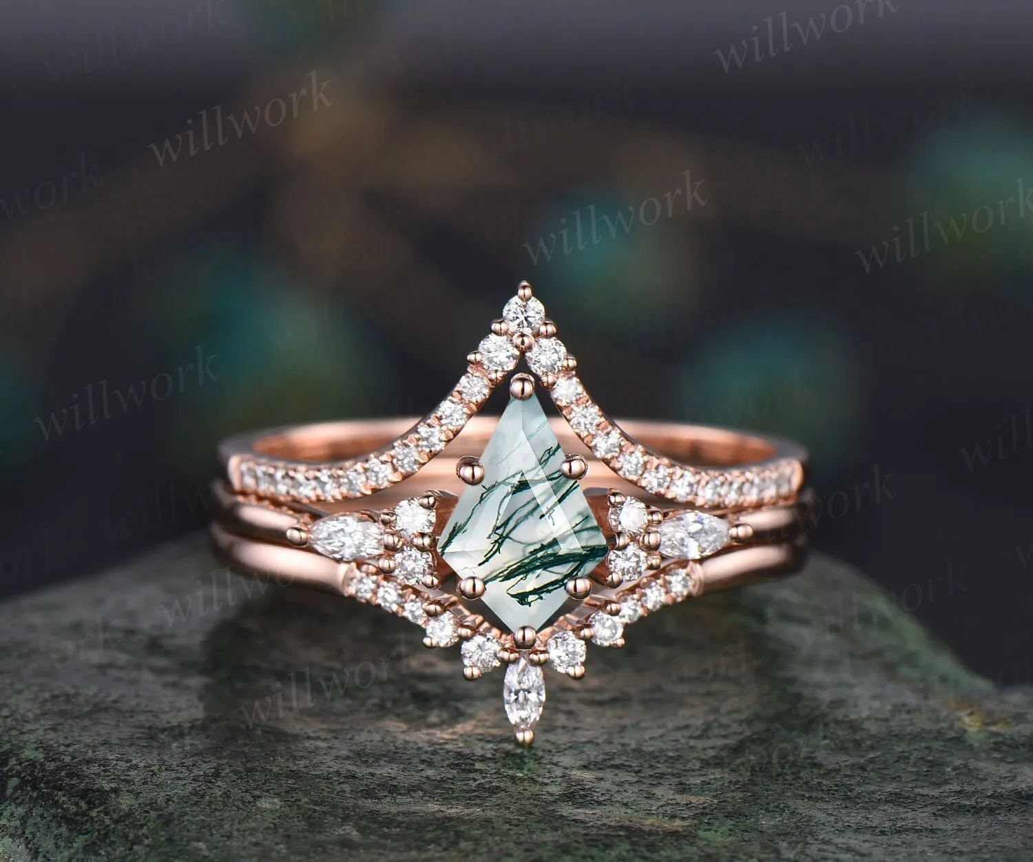 3pcs kite cut moss agate engagement ring set 14k rose gold art deco unique wedding bridal ring set moissanite ring for women fine jewelry sold by Willwork Jewelry