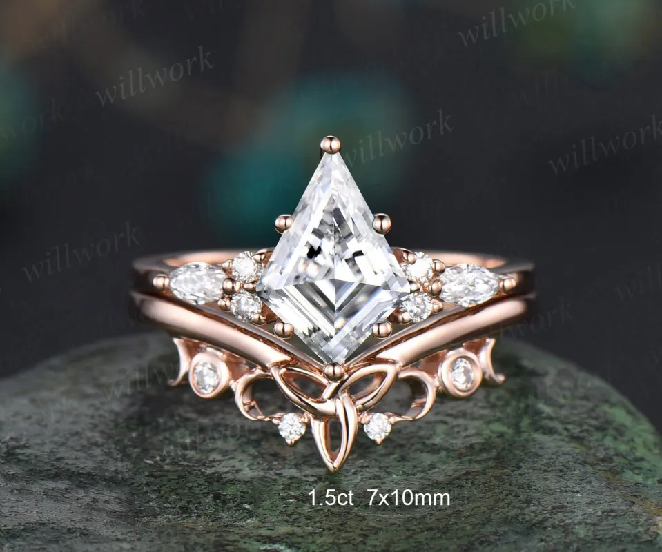 7x10mm kite cut Moissanite engagement ring set solid 14k rose gold marquise cut diamond ring women unique promise anniversary ring gift made by Willwork Jewelry